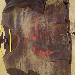 ⚜️ V-neck 3/4 Sleeve T-shirt Brown & Roses 🌹 Lg